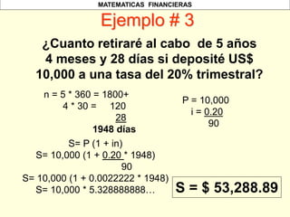 MATEMATICAS FINANCIERAS
Ejemplo # 3
¿Cuanto retiraré al cabo de 5 años
4 meses y 28 días si deposité US$
10,000 a una tasa del 20% trimestral?
n = 5 * 360 = 1800+
4 * 30 = 120
28
1948 días
P = 10,000
i = 0.20
90
S= P (1 + in)
S= 10,000 (1 + 0.20 * 1948)
90
S= 10,000 (1 + 0.0022222 * 1948)
S= 10,000 * 5.328888888… S = $ 53,288.89
 