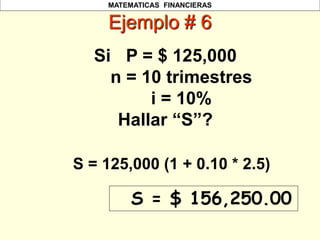 MATEMATICAS FINANCIERAS
Si P = $ 125,000
n = 10 trimestres
i = 10%
Hallar “S”?
Ejemplo # 6
S = 125,000 (1 + 0.10 * 2.5)
S = $ 156,250.00
 