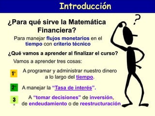 MATEMATICAS FINANCIERAS
Introducción
¿Para qué sirve la Matemática
Financiera?
Para manejar flujos monetarios en el
tiempo con criterio técnico
¿Qué vamos a aprender al finalizar el curso?
Vamos a aprender tres cosas:
A programar y administrar nuestro dinero
a lo largo del tiempo.
1°
A manejar la “Tasa de interés”.
2°
A “tomar decisiones” de inversión,
de endeudamiento o de reestructuración
3
°
 