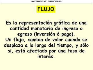 MATEMATICAS FINANCIERAS
Es la representación gráfica de una
cantidad monetaria de ingreso o
egreso (inversión ó pago).
Un flujo, cambia de valor cuando se
desplaza a lo largo del tiempo, y sólo
si, está afectado por una tasa de
interés.
FLUJO
 