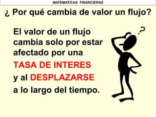 MATEMATICAS FINANCIERAS
¿ Por qué cambia de valor un flujo?
El valor de un flujo
cambia solo por estar
afectado por una
TASA DE INTERES
y al DESPLAZARSE
a lo largo del tiempo.
 