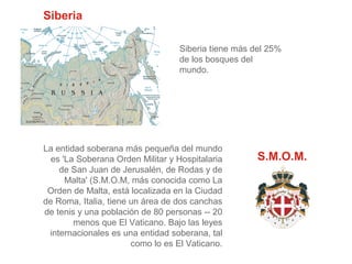 Siberia
Siberia tiene más del 25%
de los bosques del
mundo.
S.M.O.M.
La entidad soberana más pequeña del mundo
es 'La Soberana Orden Militar y Hospitalaria
de San Juan de Jerusalén, de Rodas y de
Malta' (S.M.O.M, más conocida como La
Orden de Malta, está localizada en la Ciudad
de Roma, Italia, tiene un área de dos canchas
de tenis y una población de 80 personas -- 20
menos que El Vaticano. Bajo las leyes
internacionales es una entidad soberana, tal
como lo es El Vaticano.
 