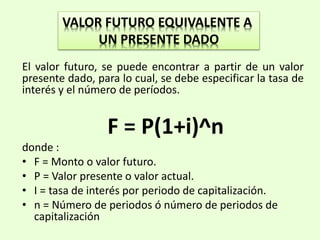 El valor futuro, se puede encontrar a partir de un valor
presente dado, para lo cual, se debe especificar la tasa de
interés y el número de períodos.
F = P(1+i)^n
donde :
• F = Monto o valor futuro.
• P = Valor presente o valor actual.
• I = tasa de interés por periodo de capitalización.
• n = Número de periodos ó número de periodos de
capitalización
VALOR FUTURO EQUIVALENTE A
UN PRESENTE DADO
 