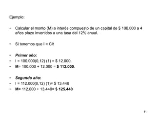 11
Ejemplo:
•  Calcular el monto (M) a interés compuesto de un capital de $ 100.000 a 4
años plazo invertidos a una tasa del 12% anual.
•  Si tenemos que I = Cit
•  Primer año:
•  I = 100.000(0,12) (1) = $ 12.000.
•  M= 100.000 + 12.000 = $ 112.000.
•  Segundo año:
•  I = 112.000(0,12) (1)= $ 13.440
•  M= 112.000 + 13.440= $ 125.440
 