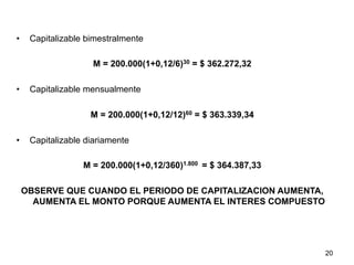•  Capitalizable bimestralmente
M = 200.000(1+0,12/6)30 = $ 362.272,32
•  Capitalizable mensualmente
M = 200.000(1+0,12/12)60 = $ 363.339,34
•  Capitalizable diariamente
M = 200.000(1+0,12/360)1.800 = $ 364.387,33
OBSERVE QUE CUANDO EL PERIODO DE CAPITALIZACION AUMENTA,
AUMENTA EL MONTO PORQUE AUMENTA EL INTERES COMPUESTO
20
 