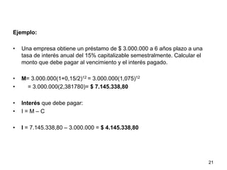Ejemplo:
•  Una empresa obtiene un préstamo de $ 3.000.000 a 6 años plazo a una
tasa de interés anual del 15% capitalizable semestralmente. Calcular el
monto que debe pagar al vencimiento y el interés pagado.
•  M= 3.000.000(1+0,15/2)12 = 3.000.000(1,075)12
•  = 3.000.000(2,381780)= $ 7.145.338,80
•  Interés que debe pagar:
•  I = M – C
•  I = 7.145.338,80 – 3.000.000 = $ 4.145.338,80
21
 