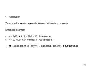 •  Resolucion
Toma el valor exacto de n en la fórmula del Monto compuesto
Entonces tenemos:
•  n = 6(12) + 3 / 6 = 75/6 = 12, 5 semestres
•  i = 0, 14/2= 0, 07 semestral (7% semestral)
•  M = 4.000.000 (1 +0, 07)12.5 = 4.000.000(2, 329685)= $ 9.318.740,34
23
 