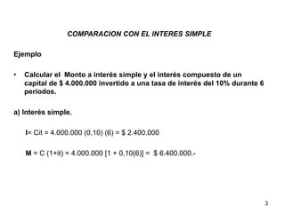 COMPARACION CON EL INTERES SIMPLE
Ejemplo
•  Calcular el Monto a interés simple y el interés compuesto de un
capital de $ 4.000.000 invertido a una tasa de interés del 10% durante 6
períodos.
a) Interés simple.
I= Cit = 4.000.000 (0,10) (6) = $ 2.400.000
M = C (1+it) = 4.000.000 [1 + 0,10(6)] = $ 6.400.000.-
3
 