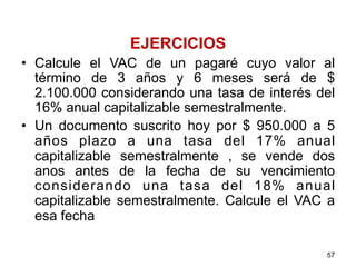 EJERCICIOS
•  Calcule el VAC de un pagaré cuyo valor al
término de 3 años y 6 meses será de $
2.100.000 considerando una tasa de interés del
16% anual capitalizable semestralmente.
•  Un documento suscrito hoy por $ 950.000 a 5
años plazo a una tasa del 17% anual
capitalizable semestralmente , se vende dos
anos antes de la fecha de su vencimiento
considerando una tasa del 18% anual
capitalizable semestralmente. Calcule el VAC a
esa fecha
57
 