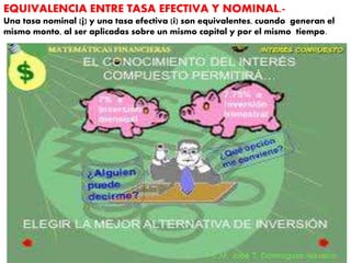 EQUIVALENCIA ENTRE TASA EFECTIVA Y NOMINAL.-
Una tasa nominal (j) y una tasa efectiva (i) son equivalentes, cuando generan el
mismo monto, al ser aplicadas sobre un mismo capital y por el mismo tiempo.
 