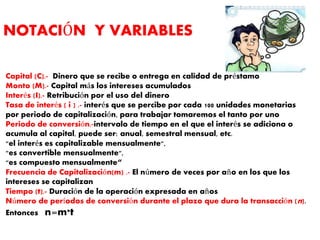 NOTACIÓN Y VARIABLES
Capital (C).- Dinero que se recibe o entrega en calidad de préstamo
Monto (M).- Capital más los intereses acumulados
Interés (I).- Retribución por el uso del dinero
Tasa de interés ( i ) .- interés que se percibe por cada 100 unidades monetarias
por periodo de capitalización, para trabajar tomaremos el tanto por uno
Periodo de conversión.-intervalo de tiempo en el que el interés se adiciona o
acumula al capital, puede ser: anual, semestral mensual, etc.
"el interés es capitalizable mensualmente",
"es convertible mensualmente",
"es compuesto mensualmente“
Frecuencia de Capitalización(m) .- El número de veces por año en los que los
intereses se capitalizan
Tiempo (t).- Duración de la operación expresada en años
Número de períodos de conversión durante el plazo que dura la transacción (n).
Entonces n=m*t
 
