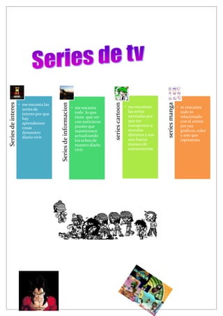 Series de interes




                                                                                   series cartoon
                                        Series de informacion




                                                                                                                        series manga
                    • me encanta las
                                                                • me encanta                        • me encantan                      • m enecanta
                      series de
                                                                  todo lo que                         las series                         todo lo
                      interes por que
                                                                  tiene que ver                       animadas por                       relacionado
                      hay
                                                                  con noticieros                      que me                             con el anime
                      aprendemos
                                                                  puesto que                          transportan a                      por sus
                      cosas
                                                                  mantiennen                          mundos                             graficos, color
                      denuestro
                                                                  actualizando                        distintos y son                    y arte que
                      diario vivir
                                                                  los echos de                        una buena                          representa
                                                                  nuestro diario                      manera de
                                                                  vivir                               entretenerme
 