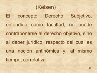 (Kelsen)
El   concepto     Derecho    Subjetivo,
entendido como facultad, no puede
contraponerse al derecho objetivo, sino...