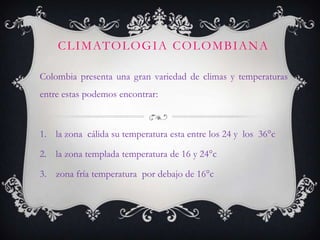 C L I M AT O L O G I A C O L O M B I A N A

Colombia presenta una gran variedad de climas y temperaturas
entre estas podemos encontrar:



1. la zona cálida su temperatura esta entre los 24 y los 36°c

2. la zona templada temperatura de 16 y 24°c

3. zona fría temperatura por debajo de 16°c
 