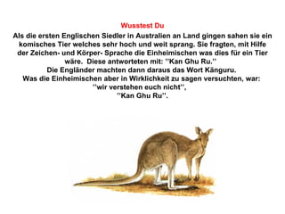 Als die ersten Englischen Siedler in Australien an Land gingen sahen sie ein komisches Tier welches sehr hoch und weit sprang. Sie fragten, mit Hilfe der Zeichen- und Körper- Sprache die Einheimischen was dies für ein Tier wäre.  Diese antworteten mit: ’’Kan Ghu Ru.’’  Die Engländer machten dann daraus das Wort Känguru.  Was die Einheimischen aber in Wirklichkeit zu sagen versuchten, war:  ’’ wir verstehen euch nicht’’,  ’’ Kan Ghu Ru’’. Wusstest Du 