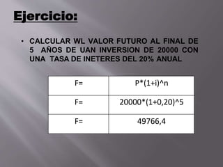 Ejercicio:
F= P*(1+i)^n
F= 20000*(1+0,20)^5
F= 49766,4
• CALCULAR WL VALOR FUTURO AL FINAL DE
5 AÑOS DE UAN INVERSION DE 20000 CON
UNA TASA DE INETERES DEL 20% ANUAL
 