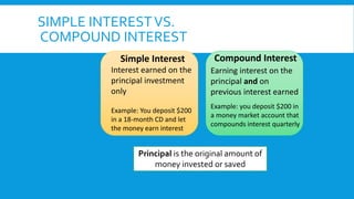 Simple Interest Compound Interest
SIMPLE INTERESTVS.
COMPOUND INTEREST
Interest earned on the
principal investment
only
Example: You deposit $200
in a 18-month CD and let
the money earn interest
Earning interest on the
principal and on
previous interest earned
Example: you deposit $200 in
a money market account that
compounds interest quarterly
Principal is the original amount of
money invested or saved
 