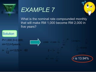 EXAMPLE 7
What is the nominal rate compounded monthly
that will make RM 1,000 become RM 2,000 in
five years?
Solution
P=1,000;S=2,000;
2,000 =1,000 1+
r
60 r
1.0116=1+
12
m=12;t=5years;
r
12
60
r
r
=0.0116
i= ;n=12(5) =
12
60 2
1
260
= 1+
12
r
=1+
12
12
r=0.1394
r is 13.94%
 