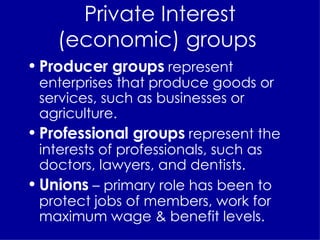 Private Interest (economic) groups  Producer groups  represent enterprises that produce goods or services, such as businesses or agriculture. Professional groups  represent the interests of professionals, such as doctors, lawyers, and dentists. Unions  – primary role has been to protect jobs of members, work for maximum wage & benefit levels. 