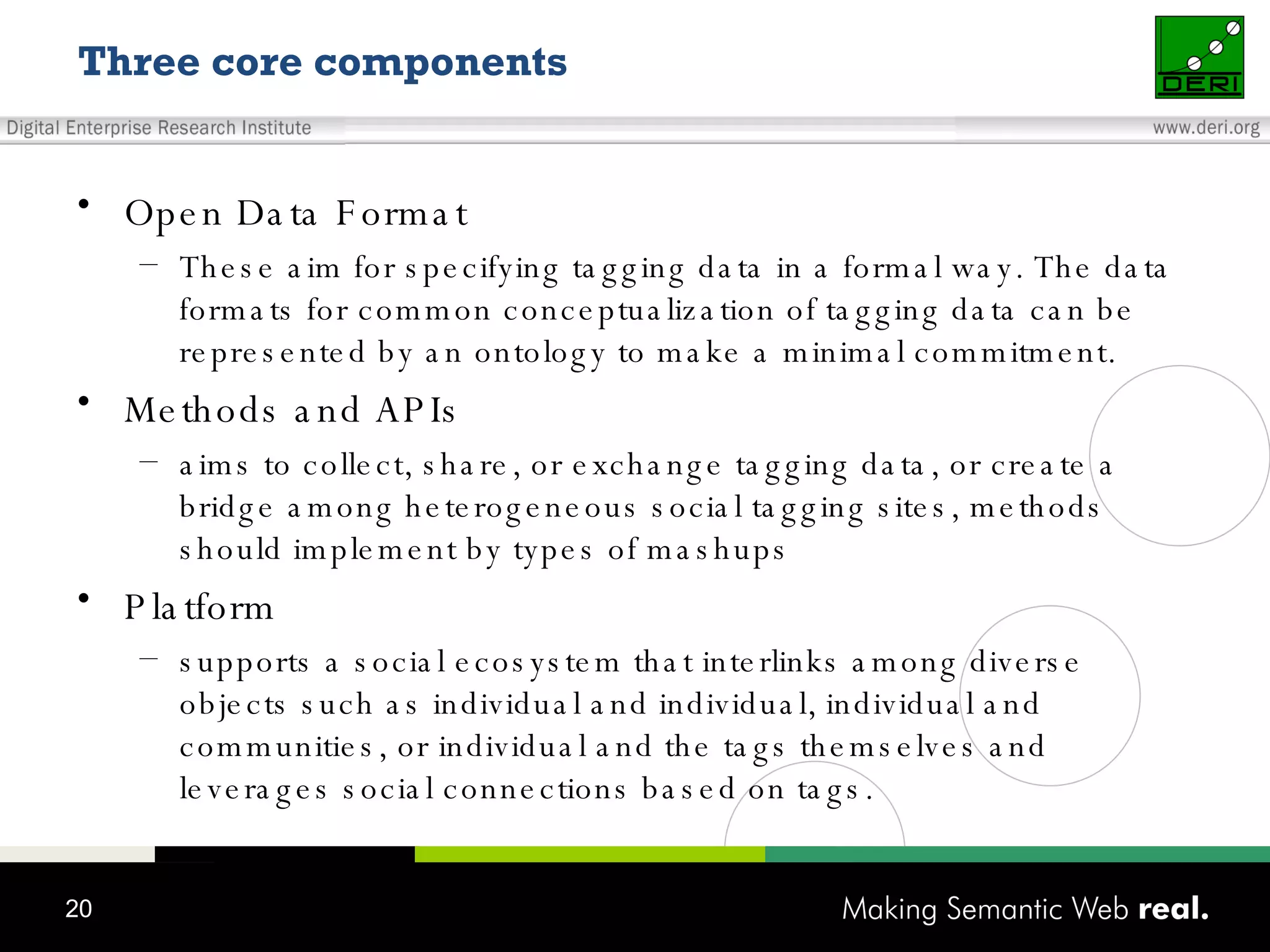 Three core components Open Data Format These aim for specifying tagging data in a formal way. The data formats for common conceptualization of tagging data can be represented by an ontology to make a minimal commitment. Methods and APIs aims to collect, share, or exchange tagging data, or create a bridge among heterogeneous social tagging sites, methods should implement by types of mashups Platform supports a social ecosystem that interlinks among diverse objects such as individual and individual, individual and communities, or individual and the tags themselves and leverages social connections based on tags. 