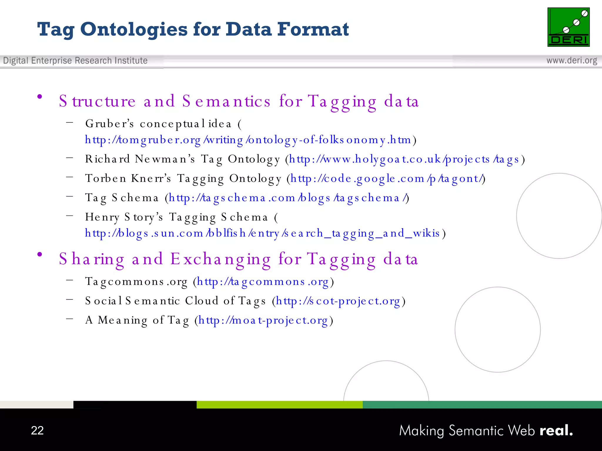 Tag Ontologies for Data Format Structure and Semantics for Tagging data Gruber’s conceptual idea ( http://tomgruber.org/writing/ontology-of-folksonomy.htm ) Richard Newman’s Tag Ontology ( http://www.holygoat.co.uk/projects/tags ) Torben Knerr’s Tagging Ontology ( http://code.google.com/p/tagont/ ) Tag Schema ( http://tagschema.com/blogs/tagschema/ ) Henry Story’s Tagging Schema ( http://blogs.sun.com/bblfish/entry/search_tagging_and_wikis ) Sharing and Exchanging for Tagging data Tagcommons.org ( http://tagcommons.org ) Social Semantic Cloud of Tags ( http://scot-project.org ) A Meaning of Tag ( http://moat-project.org ) 