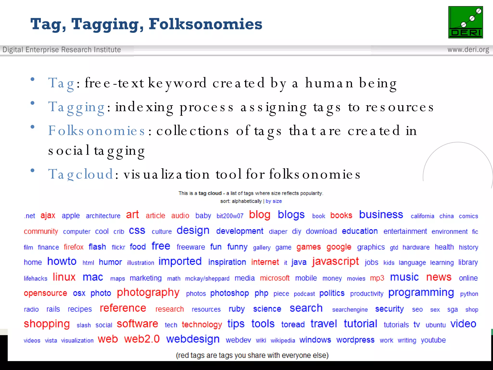 Tag : free-text keyword created by a human being Tagging : indexing process assigning tags to resources Folksonomies : collections of tags that are created in social tagging Tagcloud : visualization tool for folksonomies Tag, Tagging, Folksonomies 