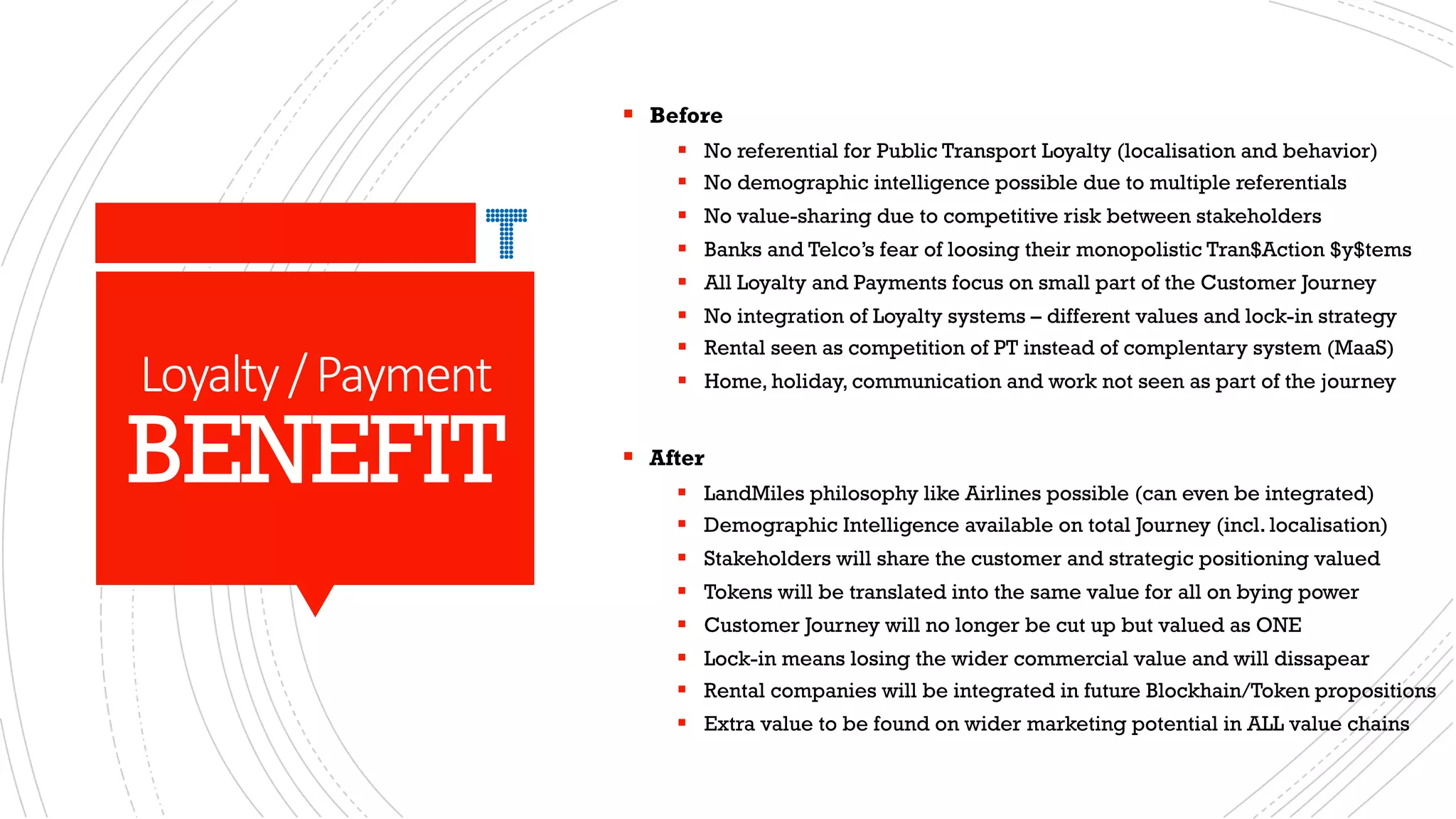 Loyalty/Payment
BENEFIT
§ Before
§ No referential for Public Transport Loyalty (localisation and behavior)
§ No demographic intelligence possible due to multiple referentials
§ No value-sharing due to competitive risk between stakeholders
§ Banks and Telco’s fear of loosing their monopolistic Tran$Action $y$tems
§ All Loyalty and Payments focus on small part of the Customer Journey
§ No integration of Loyalty systems – different values and lock-in strategy
§ Rental seen as competition of PT instead of complentary system (MaaS)
§ Home, holiday, communication and work not seen as part of the journey
§ After
§ LandMiles philosophy like Airlines possible (can even be integrated)
§ Demographic Intelligence available on total Journey (incl. localisation)
§ Stakeholders will share the customer and strategic positioning valued
§ Tokens will be translated into the same value for all on bying power
§ Customer Journey will no longer be cut up but valued as ONE
§ Lock-in means losing the wider commercial value and will dissapear
§ Rental companies will be integrated in future Blockhain/Token propositions
§ Extra value to be found on wider marketing potential in ALL value chains
 