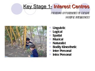 Key Stage 1- Interest Centres
            providing opporunit t expl e
                           t ies o   or
                        mulipl int l
                           t e eligences


              Linguistic
              Logical
              Spatial
              Musical
              Naturalist
              Bodily Kinesthetic
              Inter Personal
              Intra Personal
 