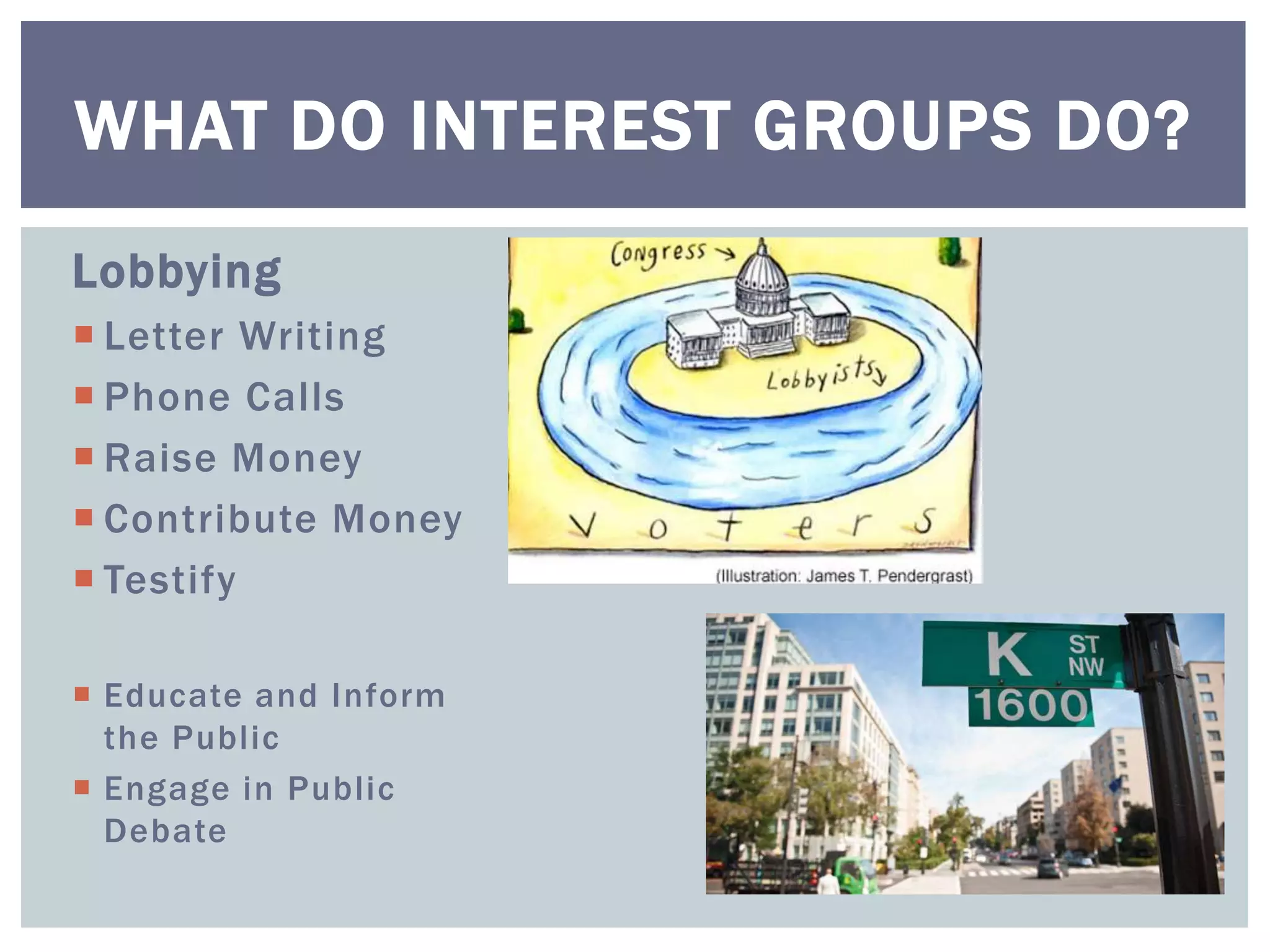 WHAT DO INTEREST GROUPS DO?
Lobbying
 Letter Writing
 Phone Calls
 Raise Money
 Contribute Money
 Testify

 Educate and Inform
  the Public
 Engage in Public
  Debate
 