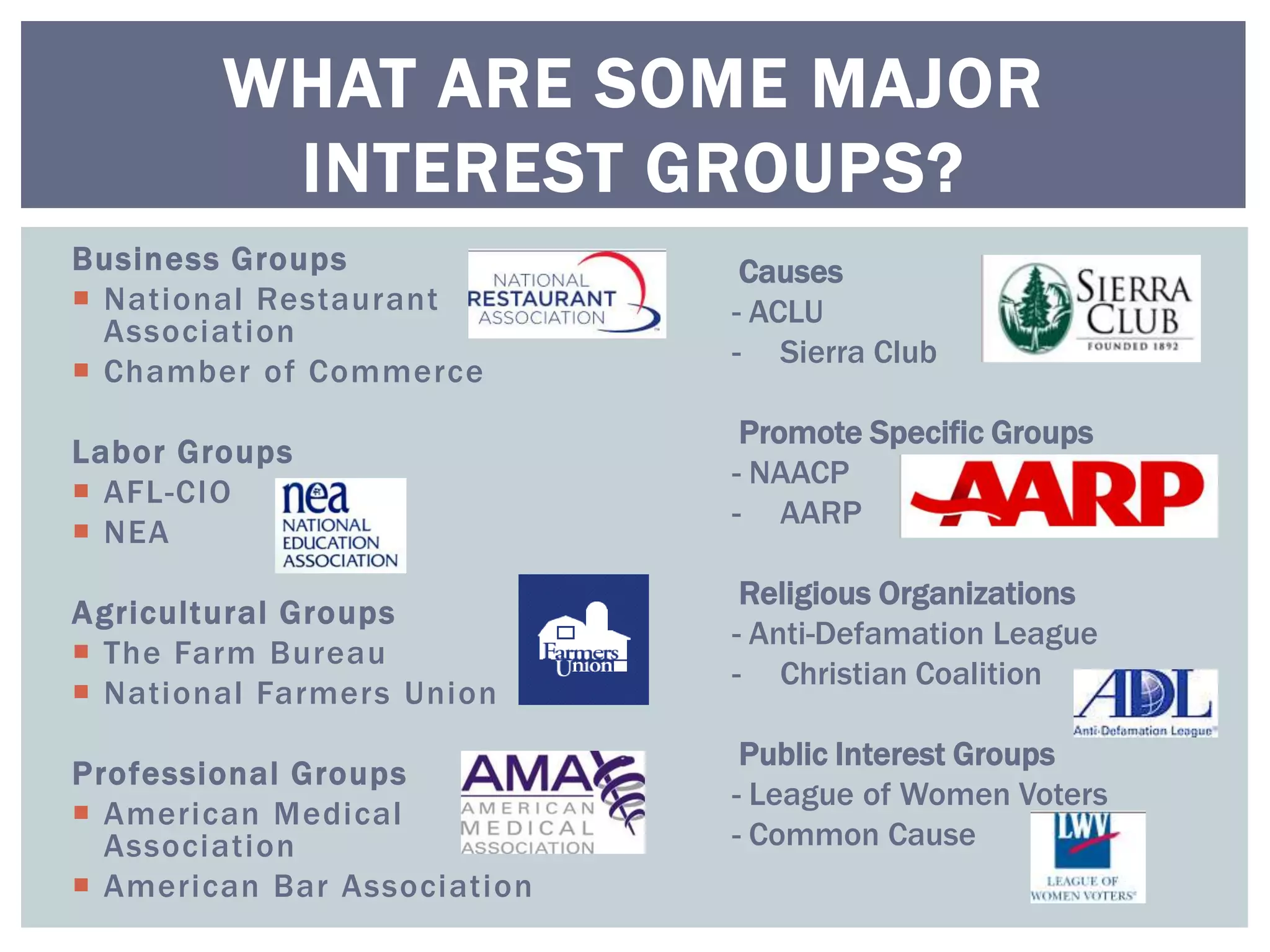 WHAT ARE SOME MAJOR
         INTEREST GROUPS?
Business Groups               Causes
 National Restaurant        - ACLU
  Association
                             - Sierra Club
 Chamber of Commerce
                              Promote Specific Groups
Labor Groups
                             - NAACP
 AFL-CIO
                             - AARP
 NEA
                              Religious Organizations
Agricultural Groups
                             - Anti-Defamation League
 The Farm Bureau
                             - Christian Coalition
 National Farmers Union
                              Public Interest Groups
Professional Groups
                             - League of Women Voters
 American Medical
  Association                - Common Cause
 American Bar Association
 