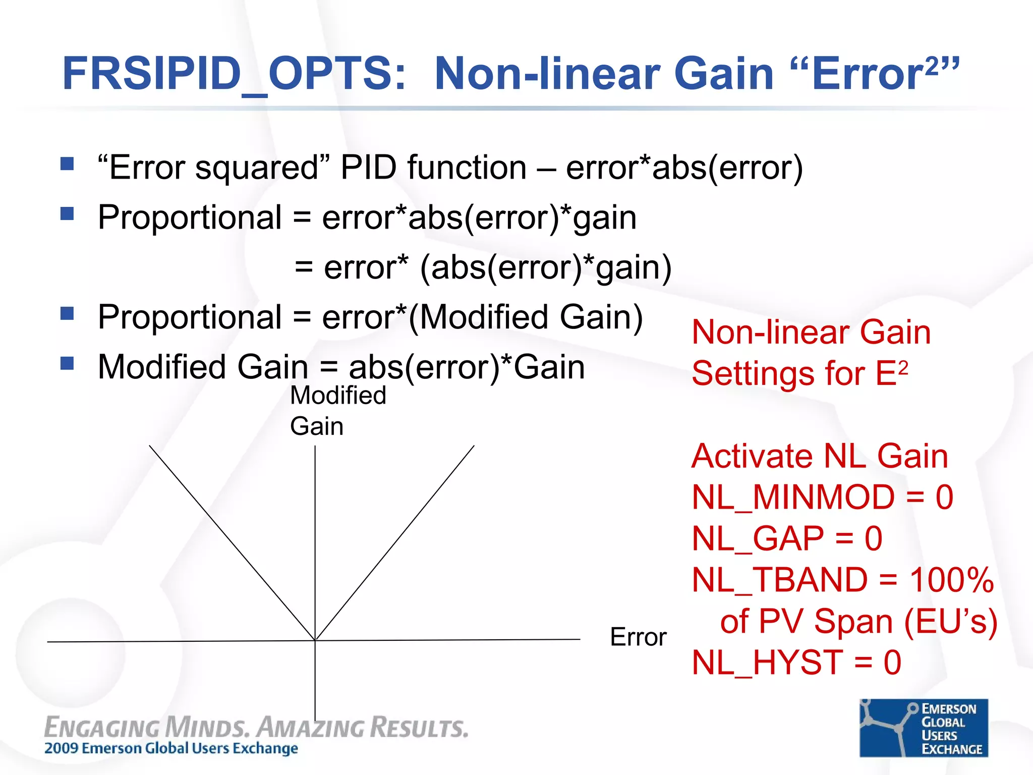 FRSIPID_OPTS: Non-linear Gain “Error2
”
 “Error squared” PID function – error*abs(error)
 Proportional = error*abs(error)*gain
= error* (abs(error)*gain)
 Proportional = error*(Modified Gain)
 Modified Gain = abs(error)*Gain
Error
Modified
Gain
Non-linear Gain
Settings for E2
Activate NL Gain
NL_MINMOD = 0
NL_GAP = 0
NL_TBAND = 100%
of PV Span (EU’s)
NL_HYST = 0
 