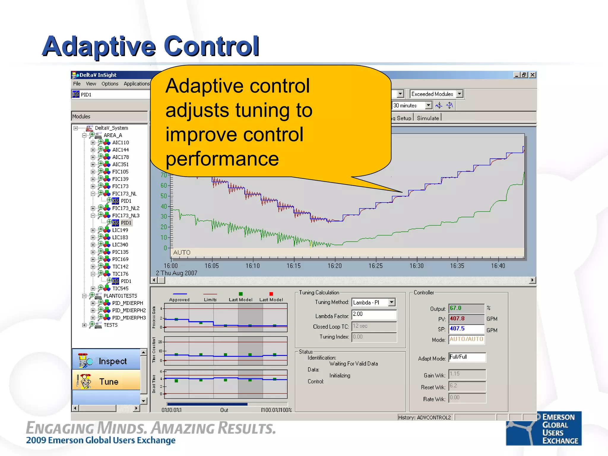 Adaptive ControlAdaptive Control
Adaptive control
adjusts tuning to
improve control
performance
 