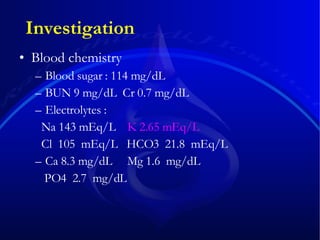 Blood chemistry Blood sugar : 114 mg/dL BUN 9 mg/dL  Cr 0.7 mg/dL Electrolytes : Na 143 mEq/L  K 2.65 mEq/L   Cl  105  mEq/L  HCO3  21.8  mEq/L Ca 8.3 mg/dL  Mg 1.6  mg/dL  PO4  2.7  mg/dL Investigation 