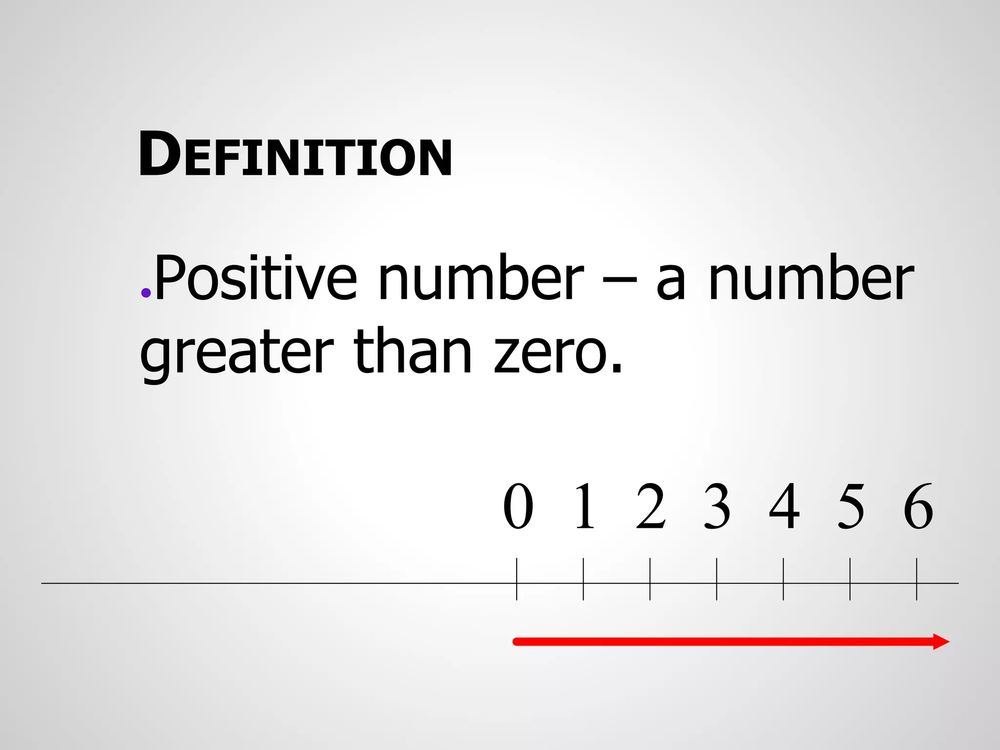 DEFINITION
●Positive number – a number
greater than zero.
0 1 2 3 4 5 6
 