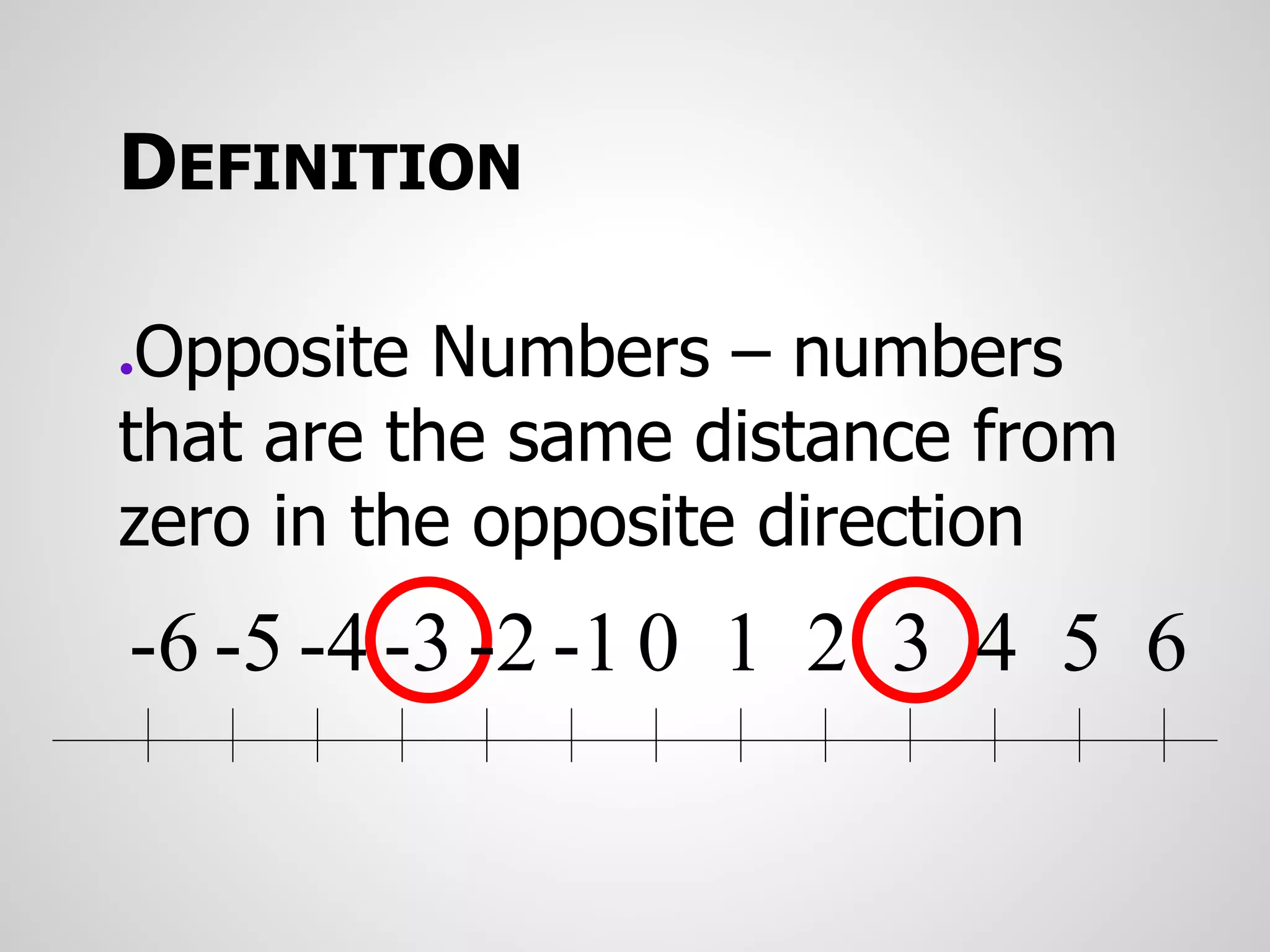 DEFINITION
●Opposite Numbers – numbers
that are the same distance from
zero in the opposite direction
0 1 2 3 4 5 6
-1
-2
-3
-4
-5
-6
 