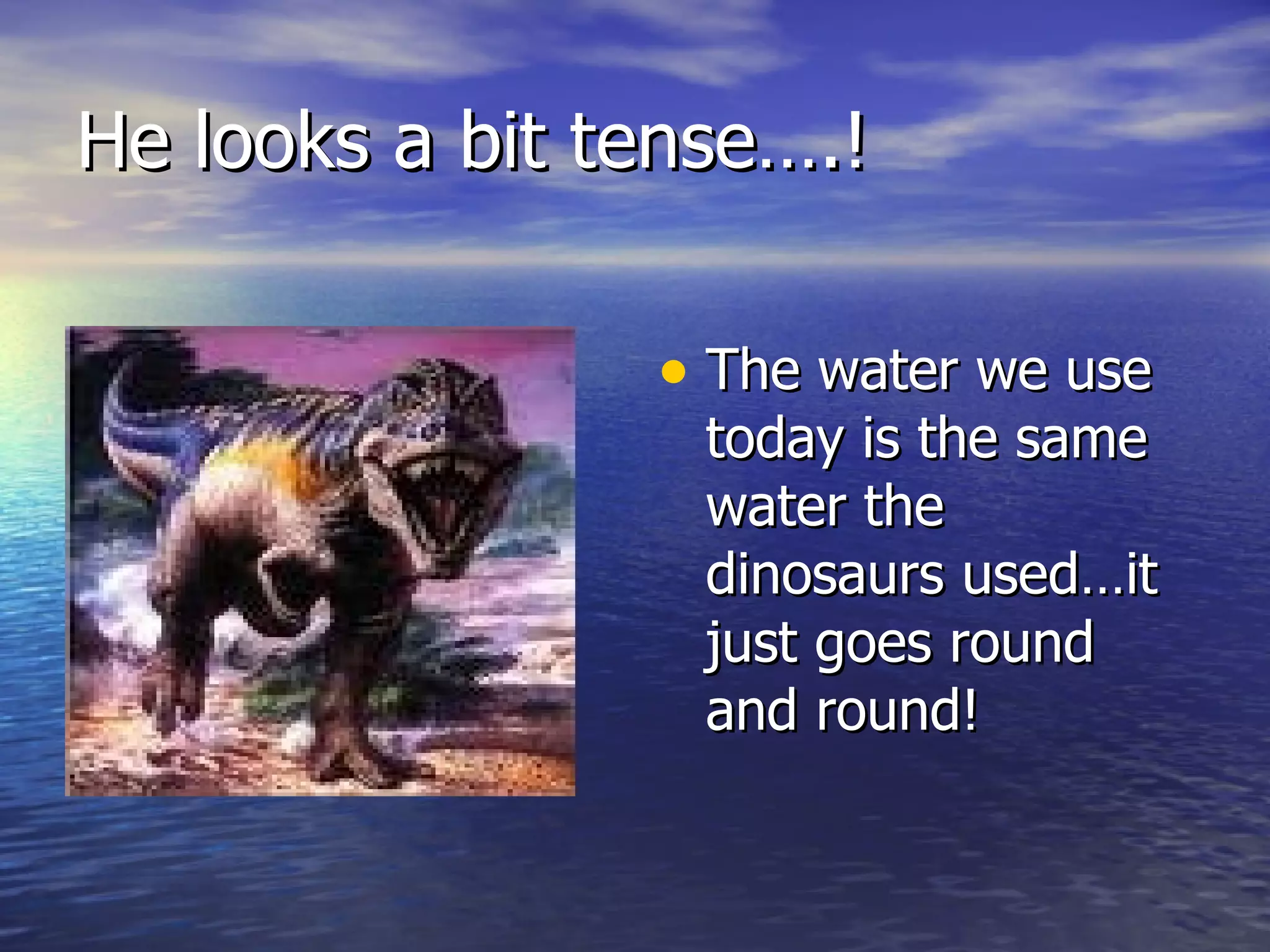 He looks a bit tense….! The water we use today is the same water the dinosaurs used…it just goes round and round! 