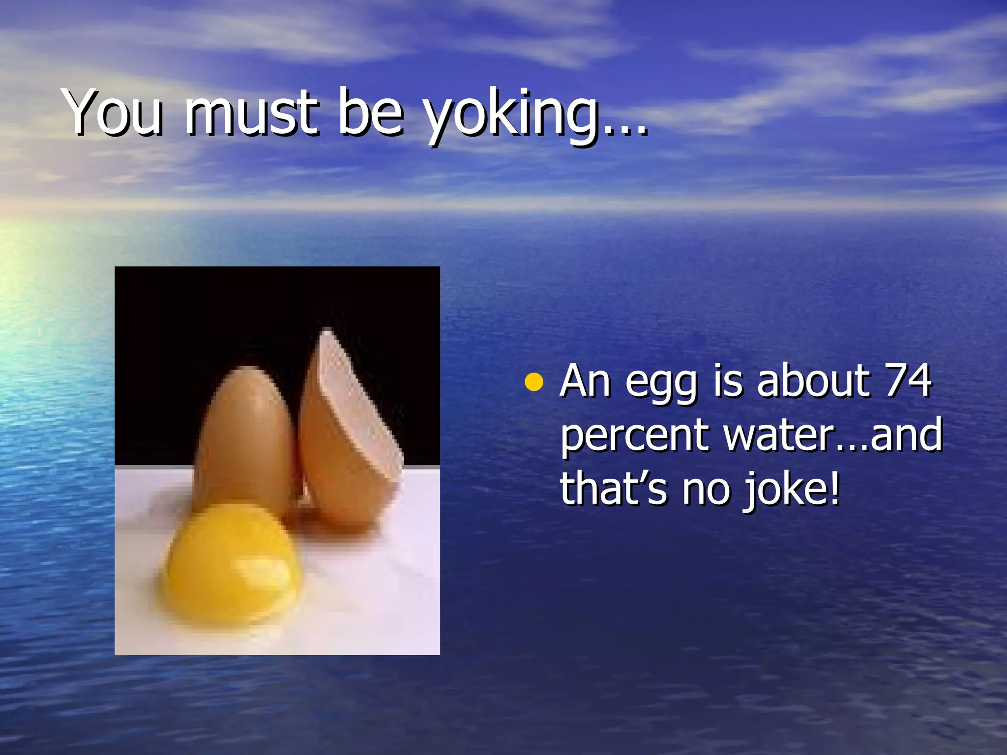 An egg is about 74 percent water…and that’s no joke! You must be yoking… 
