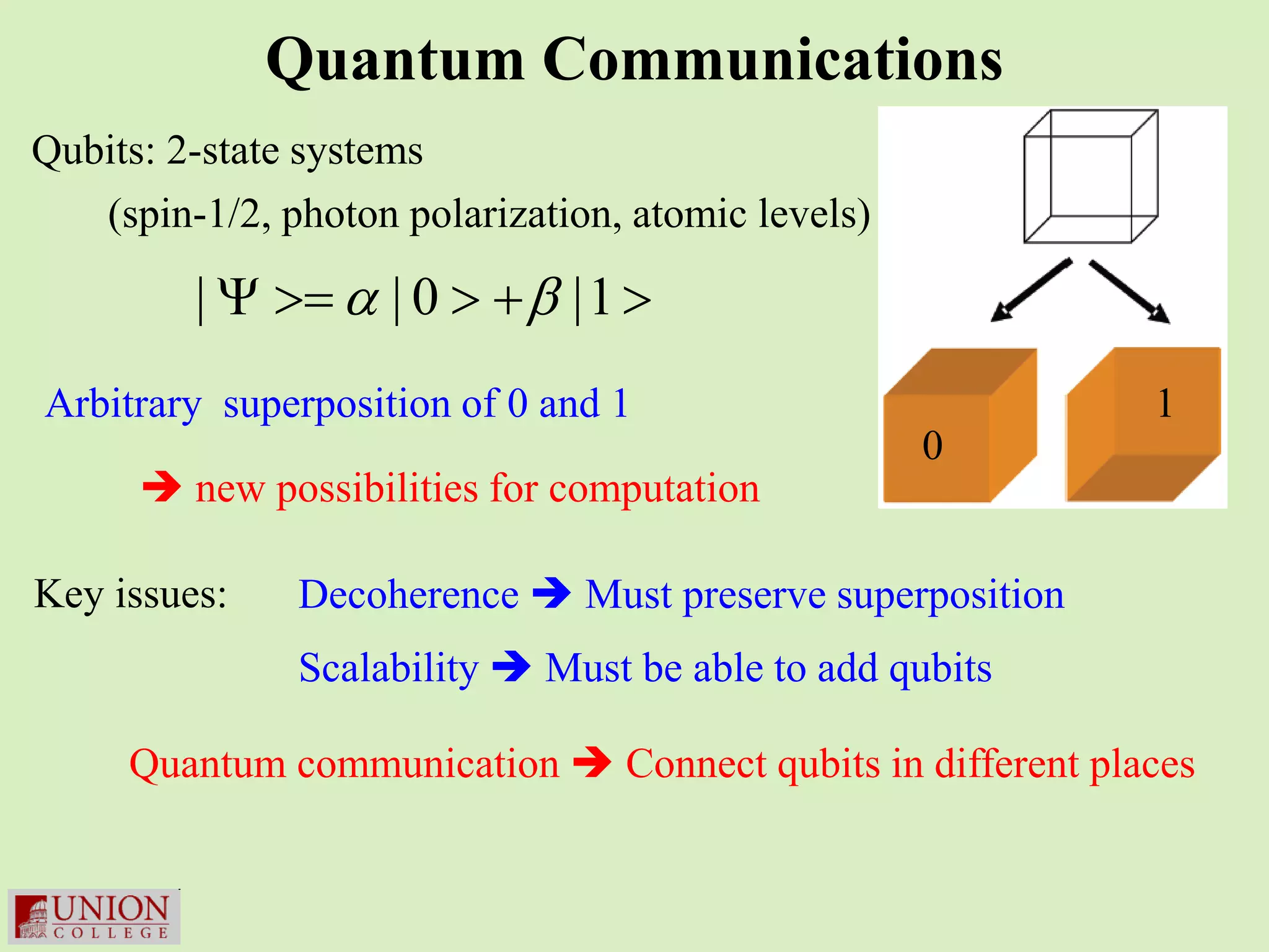 Quantum Communications
Qubits: 2-state systems
   (spin-1/2, photon polarization, atomic levels)

         | Ψ > α | 0 > +β | 1 >
           =
Arbitrary superposition of 0 and 1                          1
                                                    0
       new possibilities for computation

Key issues:    Decoherence  Must preserve superposition
               Scalability  Must be able to add qubits

     Quantum communication  Connect qubits in different places
 