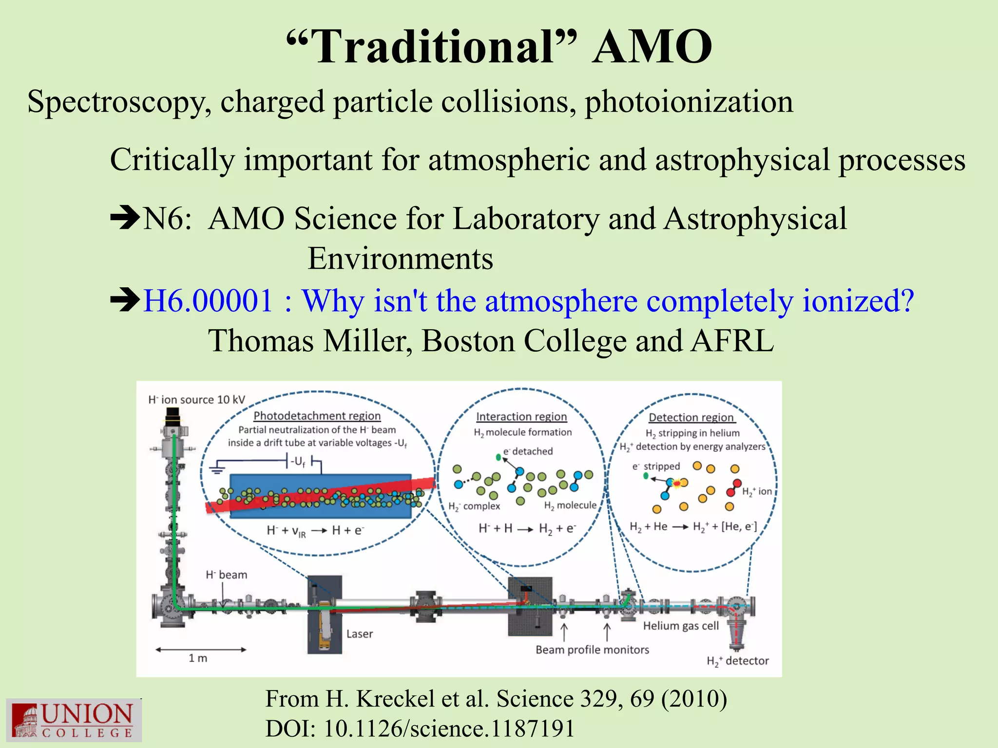 “Traditional” AMO
Spectroscopy, charged particle collisions, photoionization
      Critically important for atmospheric and astrophysical processes
      N6: AMO Science for Laboratory and Astrophysical
                  Environments
      H6.00001 : Why isn't the atmosphere completely ionized?
           Thomas Miller, Boston College and AFRL




                  From H. Kreckel et al. Science 329, 69 (2010)
                  DOI: 10.1126/science.1187191
 