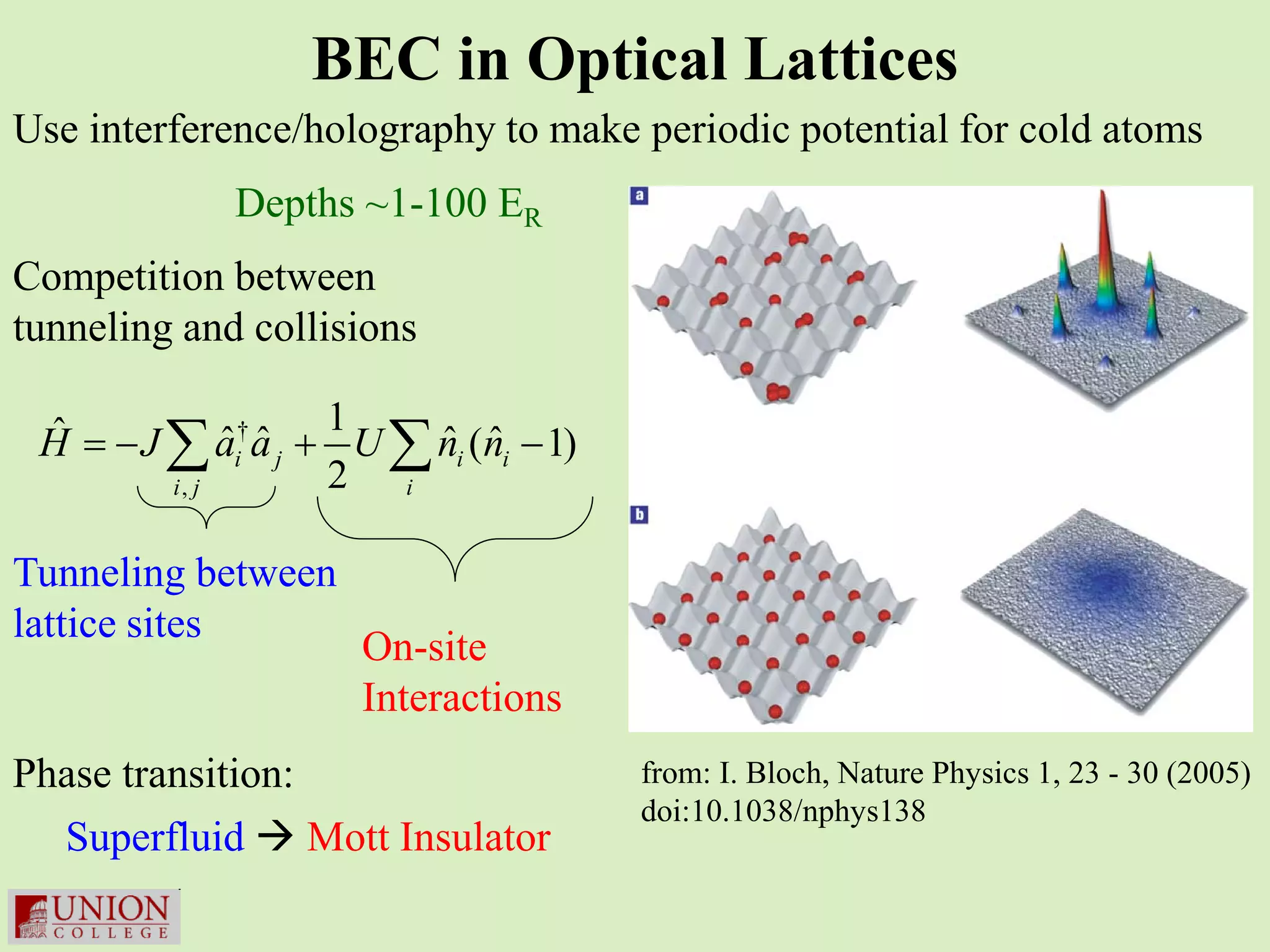 BEC in Optical Lattices
Use interference/holography to make periodic potential for cold atoms
             Depths ~1-100 ER
Competition between
tunneling and collisions

 ˆ =a + 1 U ∑ n (n − 1)
 H − J ∑ ai† ˆ j
            ˆ        ˆi ˆi
       i, j      2 i

Tunneling between
lattice sites
                    On-site
                    Interactions
Phase transition:                   from: I. Bloch, Nature Physics 1, 23 - 30 (2005)
                                    doi:10.1038/nphys138
  Superfluid  Mott Insulator
 