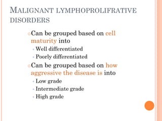 MALIGNANT LYMPHOPROLIFRATIVE
DISORDERS
Can be grouped based on cell
maturity into
 Well differentiated
 Poorly differentiated
Can be grouped based on how
aggressive the disease is into
 Low grade
 Intermediate grade
 High grade
 