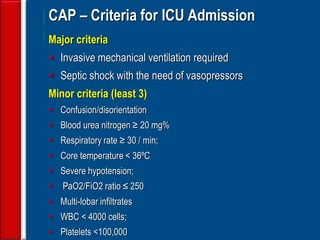 95
CAP – Criteria for ICU Admission
Major criteria
 Invasive mechanical ventilation required
 Septic shock with the need of vasopressors
Minor criteria (least 3)
 Confusion/disorientation
 Blood urea nitrogen ≥ 20 mg%
 Respiratory rate ≥ 30 / min;
 Core temperature < 36ºC
 Severe hypotension;
 PaO2/FiO2 ratio ≤ 250
 Multi-lobar infiltrates
 WBC < 4000 cells;
 Platelets <100,000
 