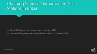 Charging Stations Outnumbered Gas
Stations in Britain
 Almost 80% of gas stations have been closed since 1970
 Number of charging stations increased from a few 100 to 9,000 in 2019
GetElectricVehicle.com
 