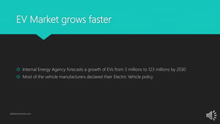 EV Market grows faster
 Internal Energy Agency forecasts a growth of EVs from 3 millions to 123 millions by 2030
 Most of the vehicle manufacturers declared their Electric Vehicle policy
GetElectricVehicle.com
 