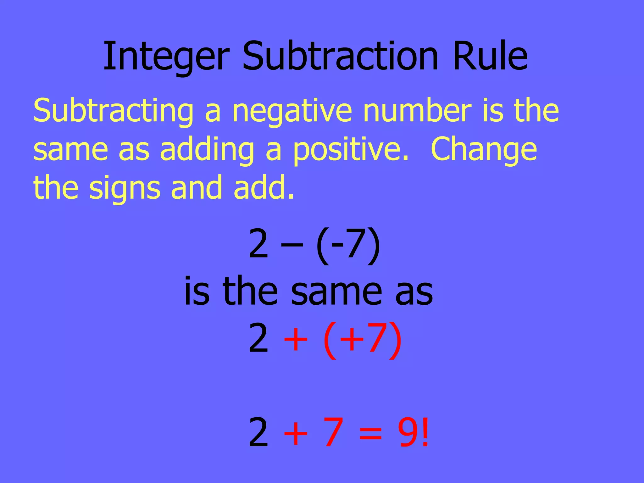 Integer Subtraction Rule Subtracting a negative number is the same as adding a positive.  Change the signs and add. 2 – (-7)  is the same as  2  + (+7) 2  + 7 = 9! 
