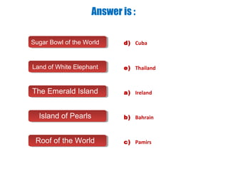Answer is :
Sugar Bowl of the WorldSugar Bowl of the World
a) Ireland
Land of White ElephantLand of White Elephant
The Emerald IslandThe Emerald Island
Island of PearlsIsland of Pearls
Roof of the WorldRoof of the World
d) Cuba
e) Thailand
a) Ireland
b) Bahrain
c) Pamirs
 