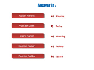 Answer is :
Gagan NarangGagan Narang
Vijender SinghVijender Singh
Sushil KumarSushil Kumar
Deepika KumariDeepika Kumari
Deepika PallikalDeepika Pallikal
e) Shooting
f) Boxing
a) Wrestling
c) Archery
b) Squash
 