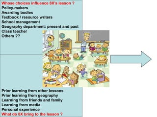 Whose choices influence 8X’s lesson ?
Policy-makers
Awarding bodies
Textbook / resource writers
School management
Geography department: present and past
Class teacher
Others ??




Prior learning from other lessons
Prior learning from geography
Learning from friends and family
Learning from media
Personal experience
What do 8X bring to the lesson ?
 