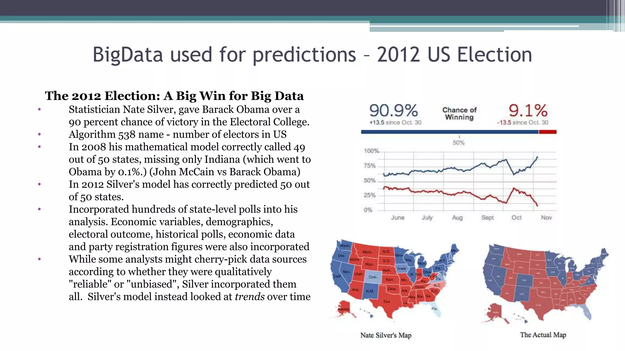 BigData used for predictions - 2014 Sochi Winter Olympics
• “Canada will enjoy their best Olympics ever,
while the U.S. and host Russia will struggle."
 