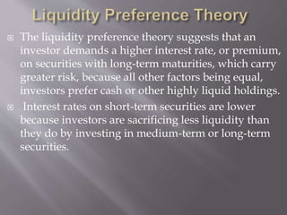  The liquidity preference theory suggests that an
investor demands a higher interest rate, or premium,
on securities with...